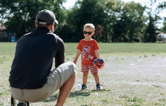 Dad Playing Baseball with Son in Park 