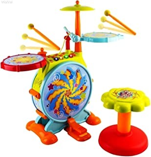WolVol Electric Big Toy Drum Set for Kids with Movable Working Microphone to Sing and a Chair