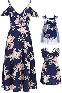 PopReal Mommy and Me Dresses Floral Print Cold Shoulder Ruffle Backless Strap Romper