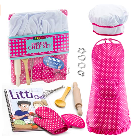 JaxoJoy Complete Kids Cooking and Baking Set - 11 Pcs Includes Apron for Little Girls, Chef Hat, Mitt & Utensil for Toddler Dress Up Chef Costume Career Role Play for 3 Year Old Girls and Up