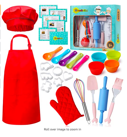 RiseBrite Real Kids Baking Set 35 Pcs includes Kids Apron, Chef Hat, Oven Mitt, Real Baking Tools and Recipes - Perfect Gift for Kids